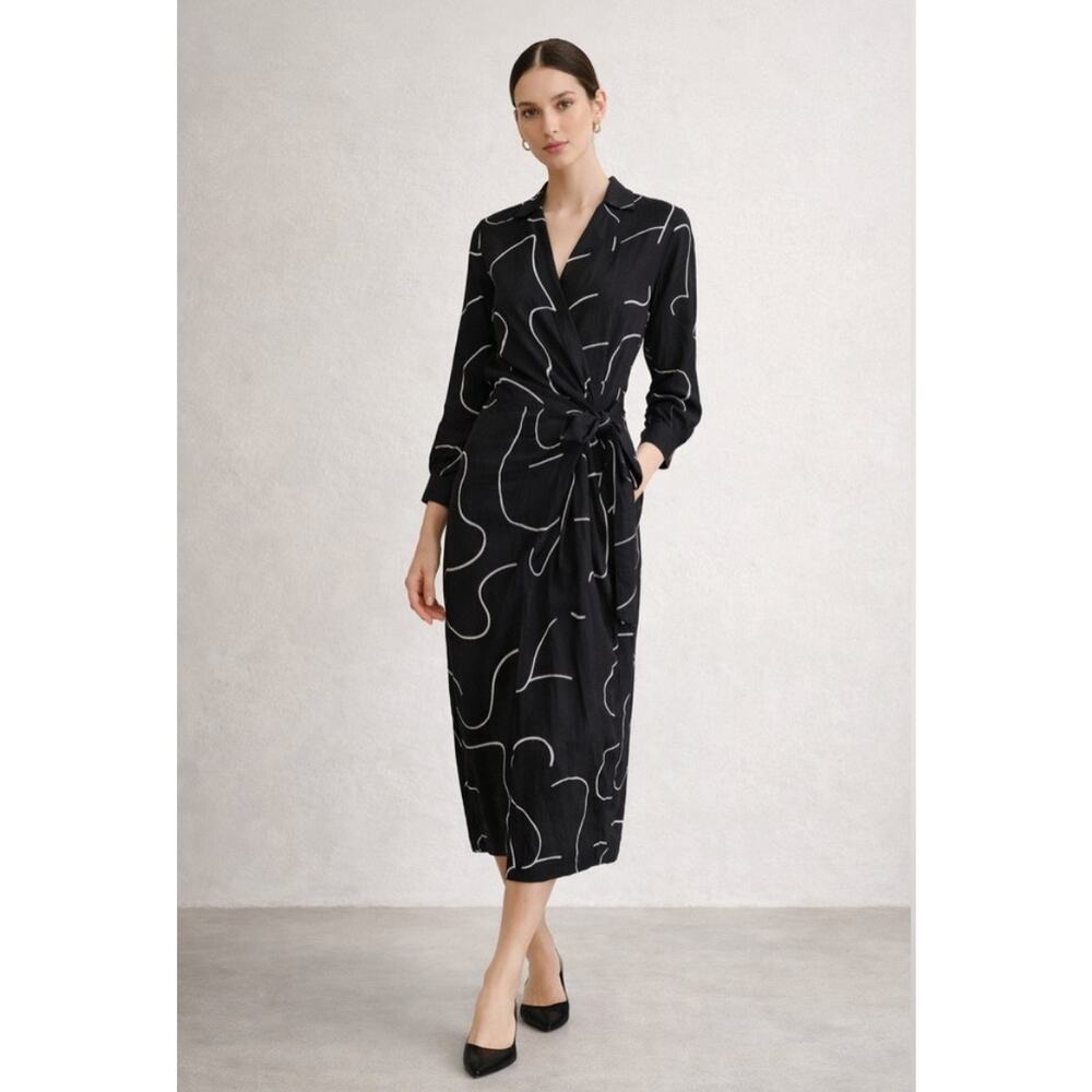 Magaschoni NWT Black Linen Wrap Midi Abstract Print Dress, Size 10